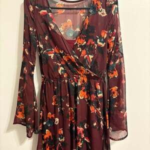 Abercrombie & Fitch Burgundy Floral Long Sleeve Bell Sleeve Mini Dress Small